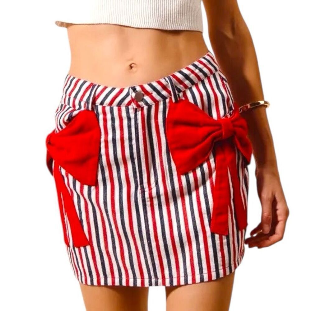 Denim Mini Skirt Patriotic Red, White, Blue Striped Bow Knot Pocket XL | SO ME